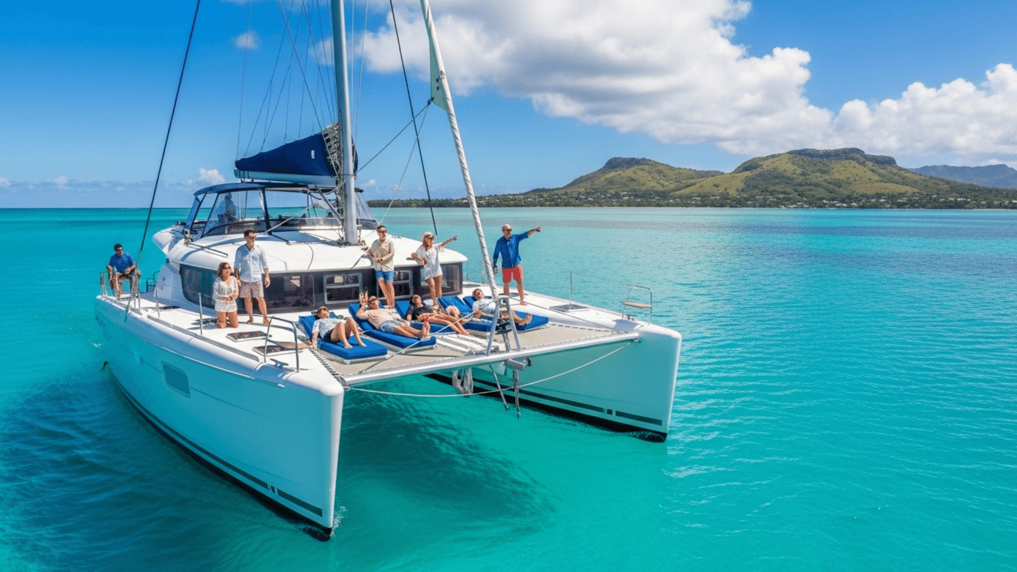 Tourists relaxing on a catamaran in the turquoise lagoon of Mauritius