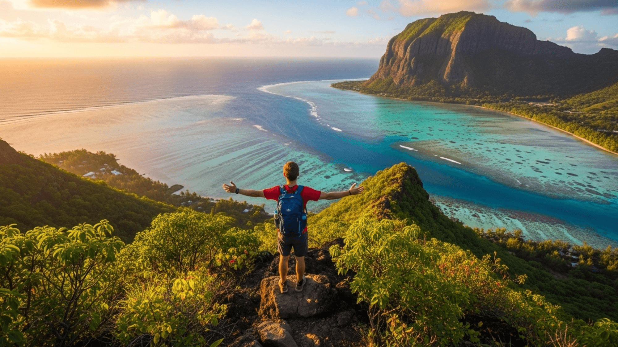 Hiker on Le Morne Brabant summit overlooking turquoise lagoon and coral reef in Mauritius