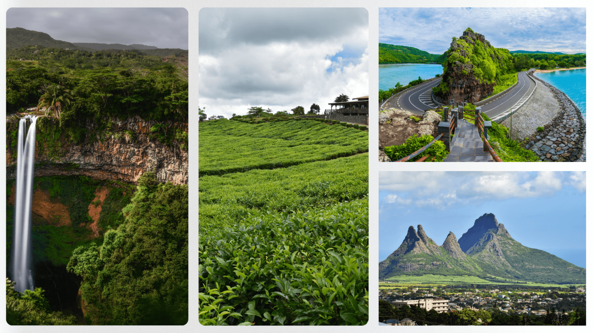 Collage of Mauritius attractions including waterfall, tea fields, coastal road and mountain peaks