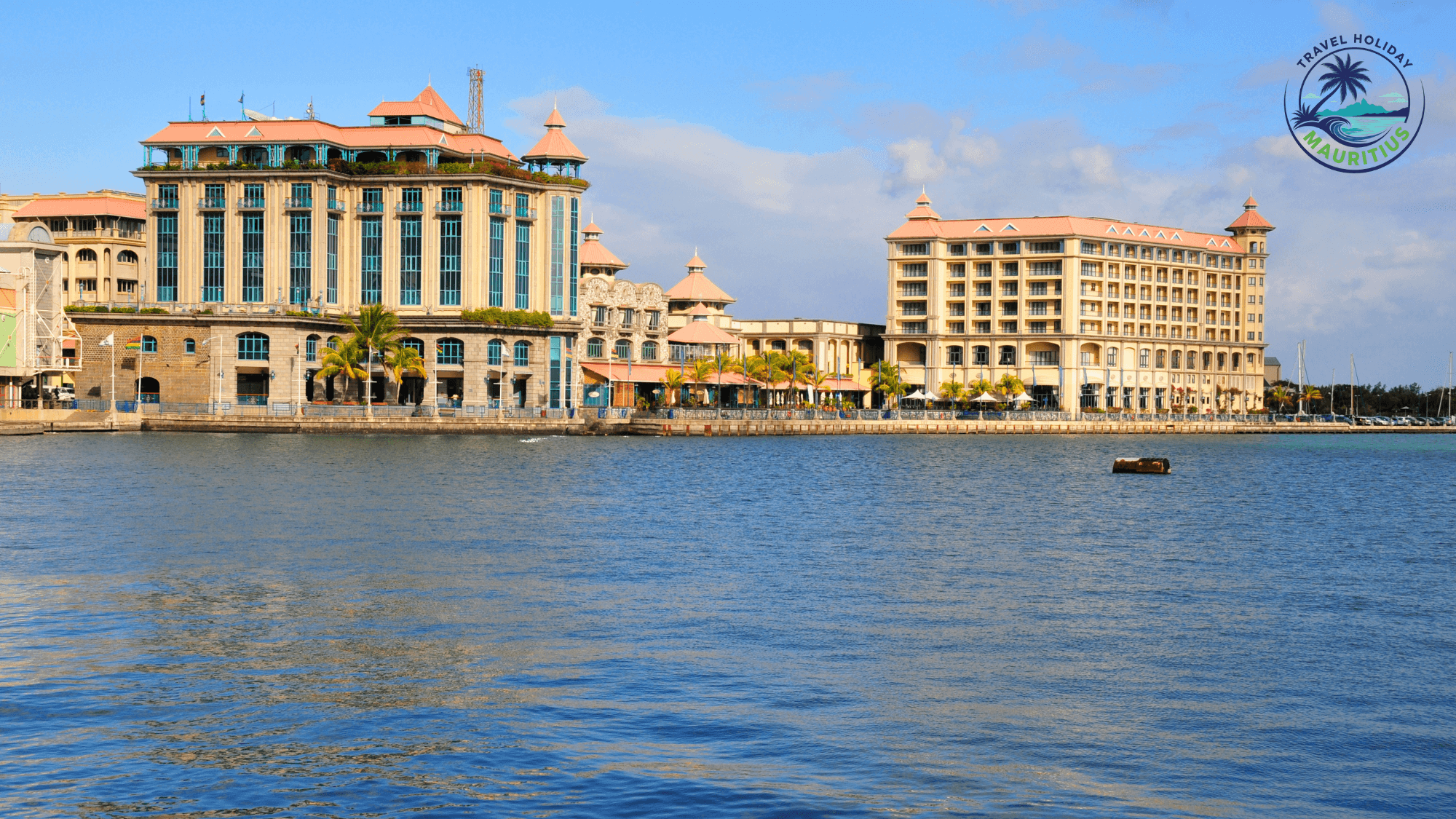 View of Port Louis Waterfront in Mauritius with modern buildings and calm harbour