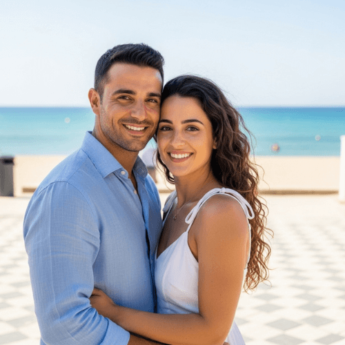 Couple on a sunny coastal promenade in Mauritius