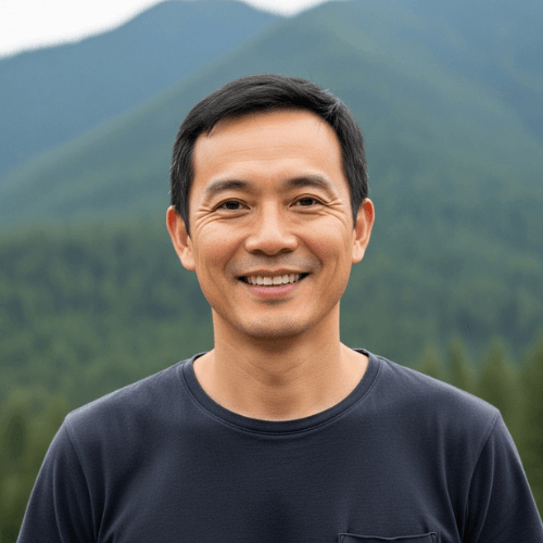 Guest with mountains behind in a tropical setting