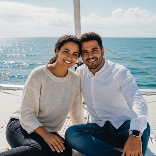 Couple sitting on a catamaran enjoying Mauritius lagoon