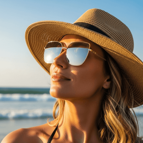 Woman in hat at the beach in Mauritius