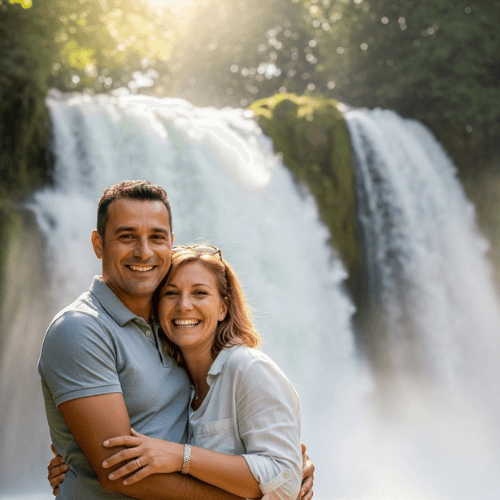 Couple smiling in front of a waterfall in Mauritius