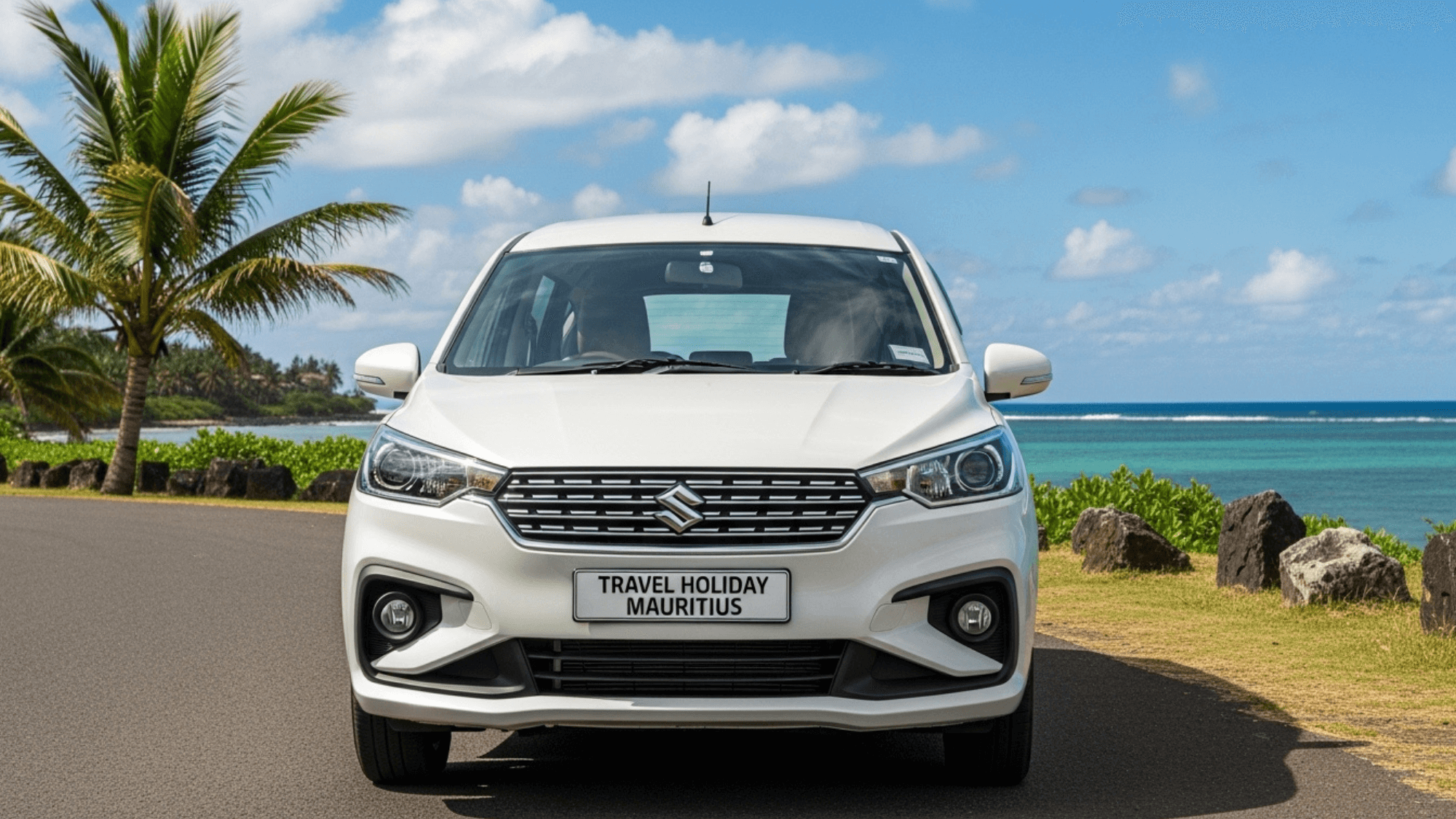 White Suzuki vehicle with Travel Holiday Mauritius branding parked along a tropical coastal road